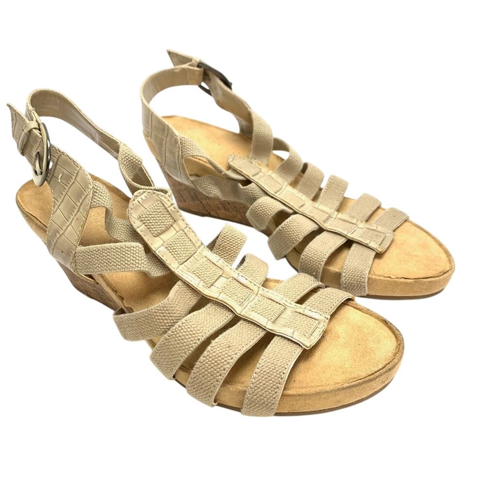 Aerosoles Womens Cage Strappy Beige Sandals Wedge Cork High Heels Shoes sz 9